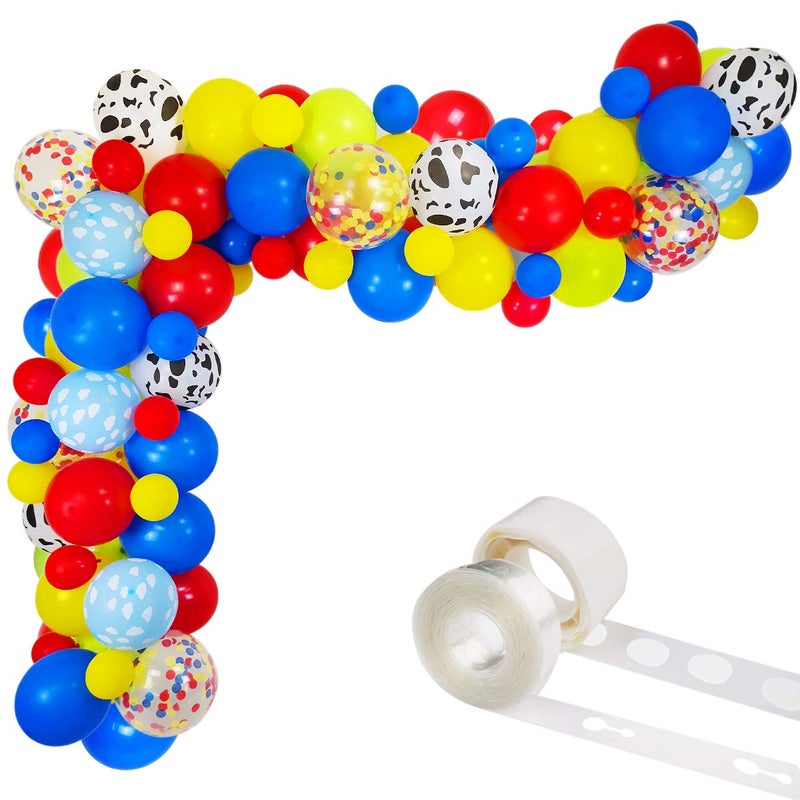 Haptda Toy Inspired Story Balloon Arch & Garland Kit, 85 Pack 12" 5" Cloud Cow Print Balloons Red Yellow Blue Fruit Green Latex Balloons Confetti Balloon Set for Baby Shower Kids Birthday Party Decorations - Image 1